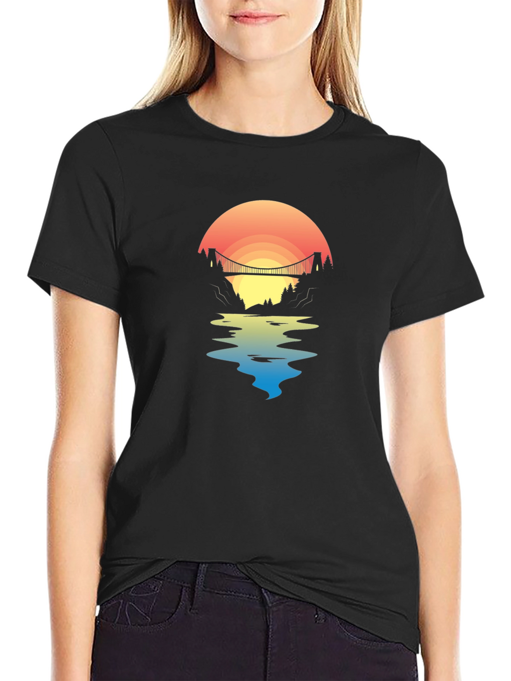 Sunset Bridge Graphic Tee - Black Cotton T-Shirt