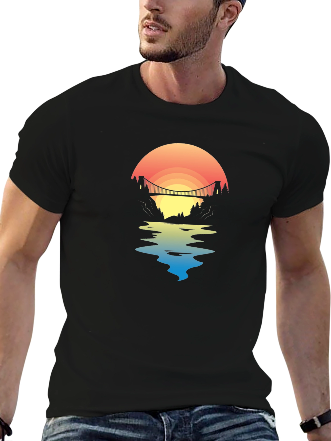 Sunset Bridge Graphic Tee - Black Cotton T-Shirt