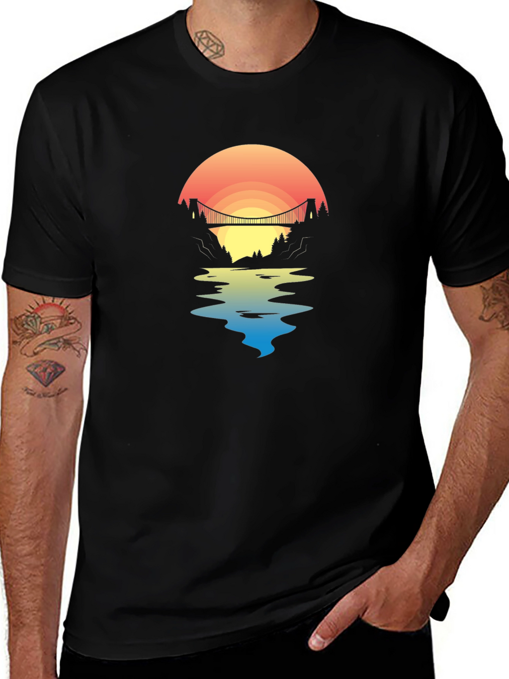 Sunset Bridge Graphic Tee - Black Cotton T-Shirt