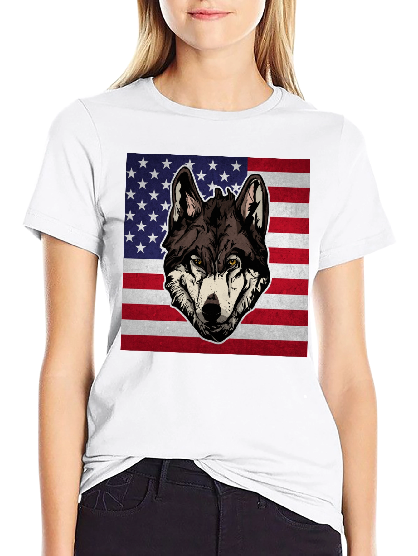 Wolf USA Flag Graphic T-Shirt - Patriotic Style