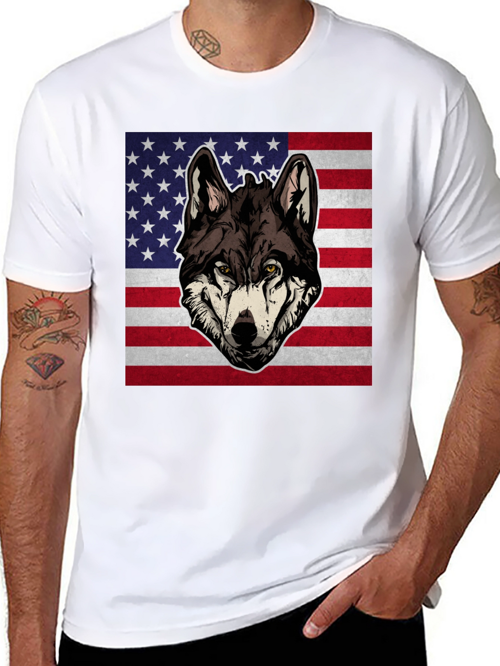 Wolf USA Flag Graphic T-Shirt - Patriotic Style