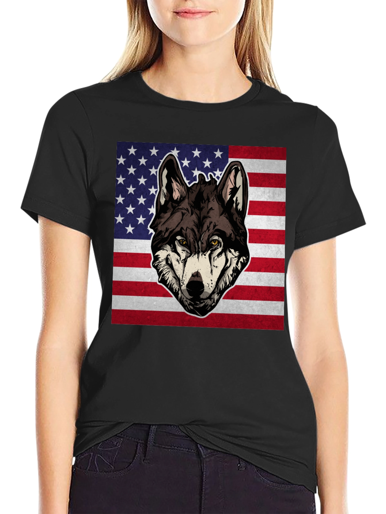 Wolf USA Flag Graphic T-Shirt - Patriotic Style