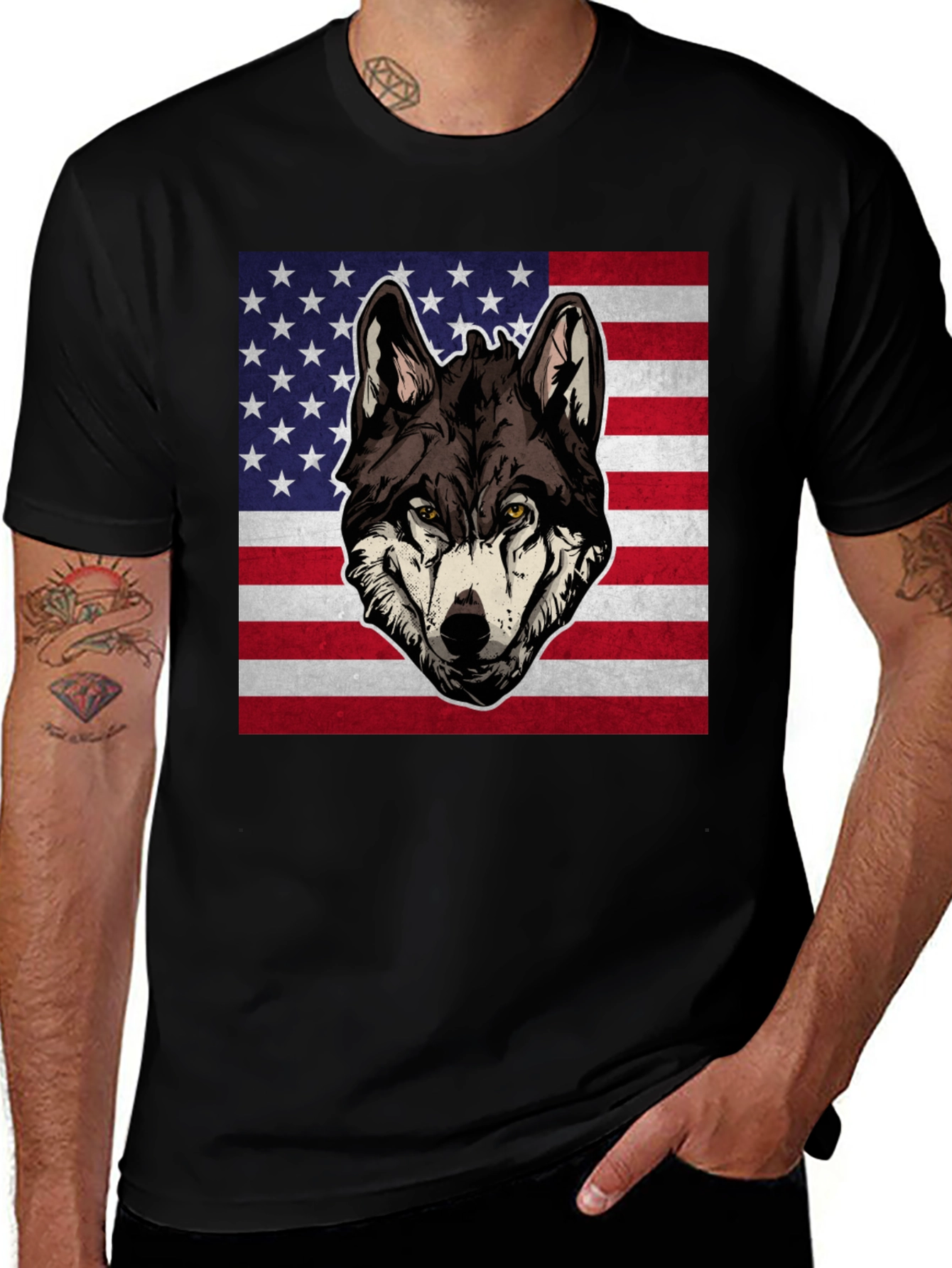Wolf USA Flag Graphic T-Shirt - Patriotic Style