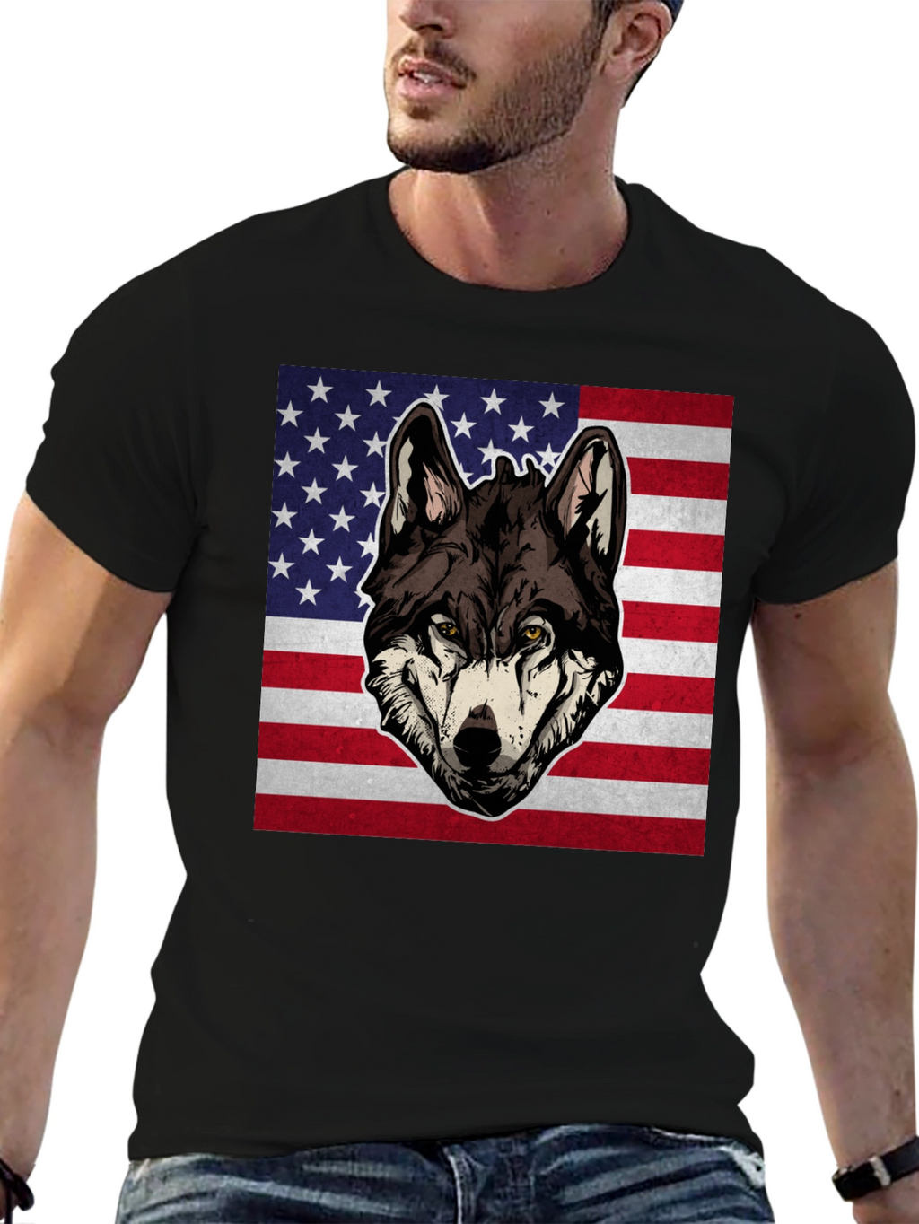 Wolf USA Flag Graphic T-Shirt - Patriotic Style
