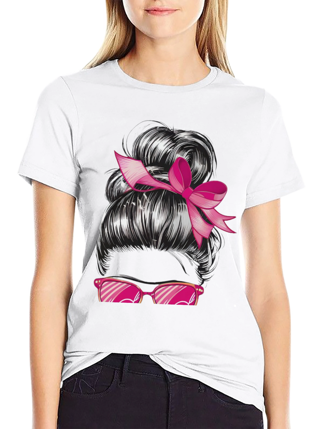 Messy Bun Pink Ribbon Sunglasses Graphic Tee