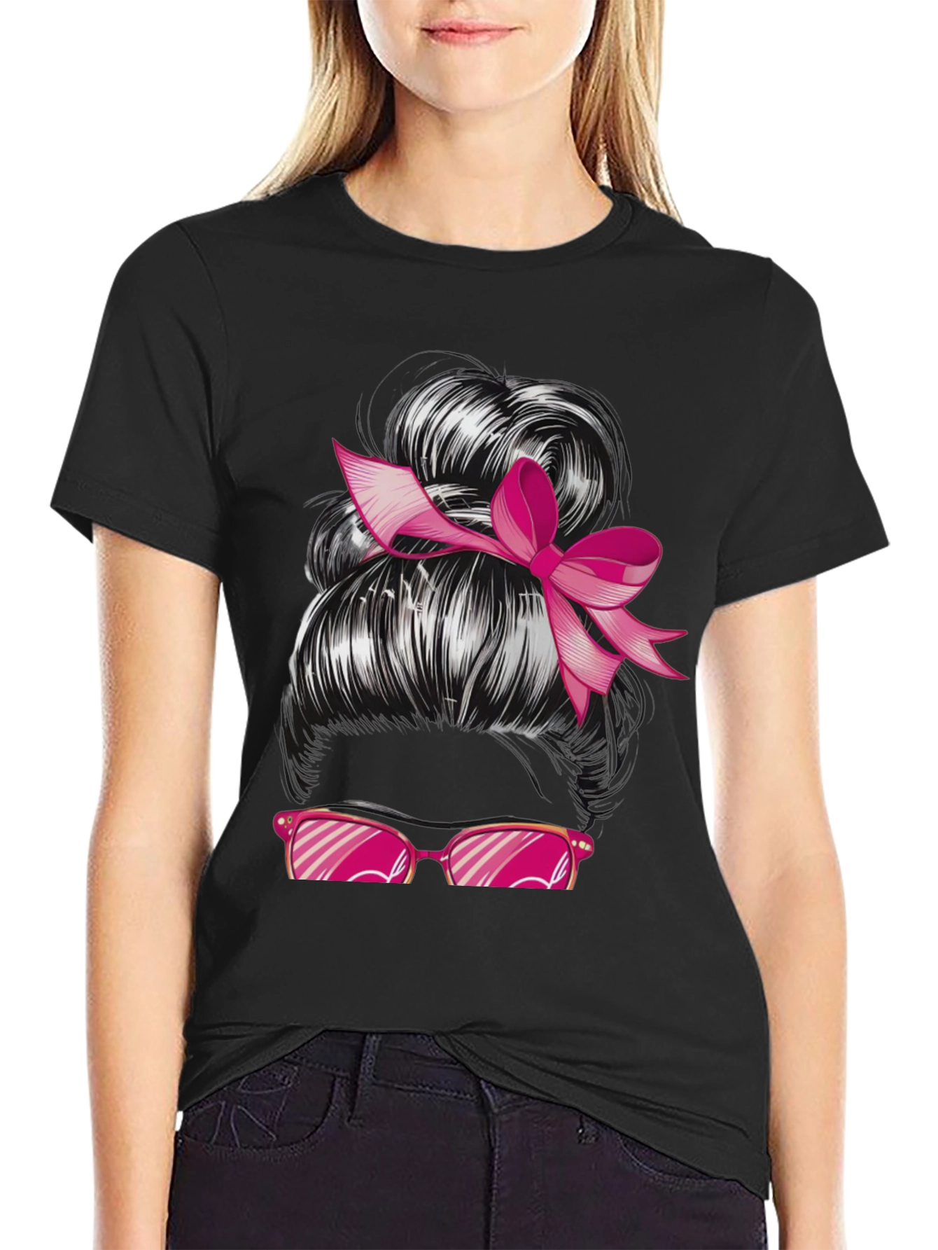 Messy Bun Pink Ribbon Sunglasses Graphic Tee