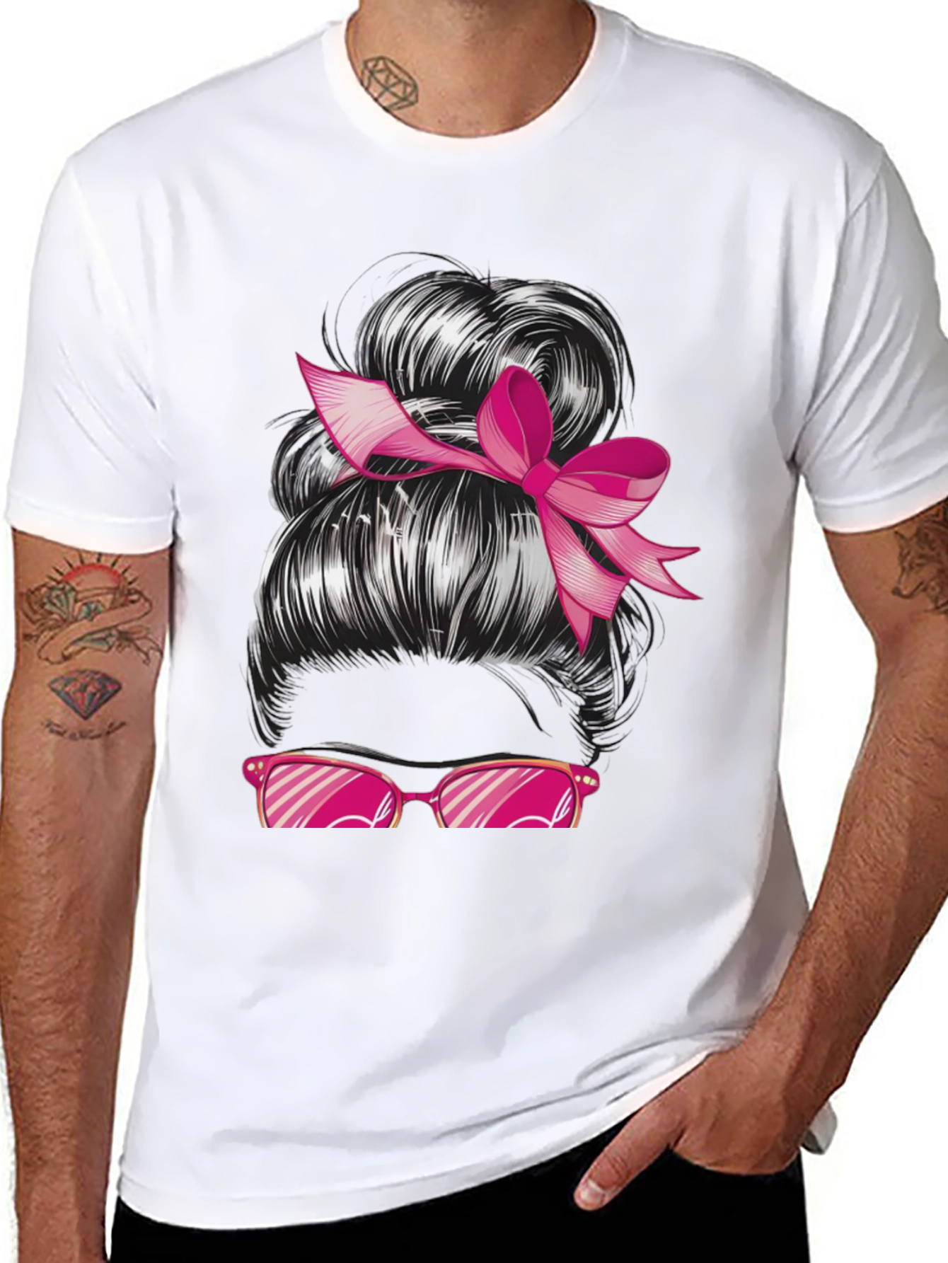 Messy Bun Pink Ribbon Sunglasses Graphic Tee