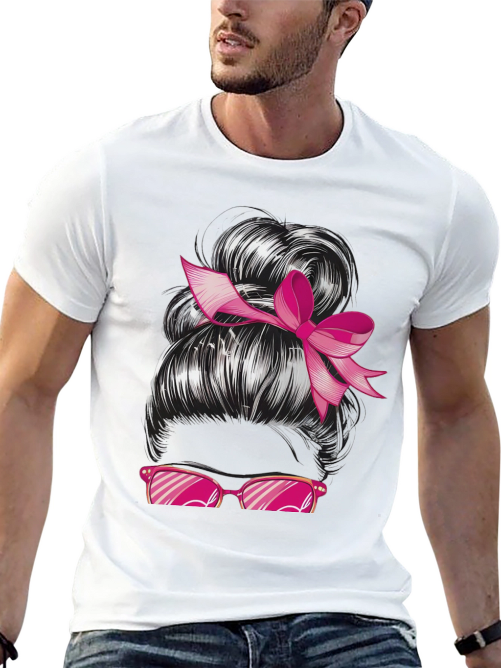 Messy Bun Pink Ribbon Sunglasses Graphic Tee