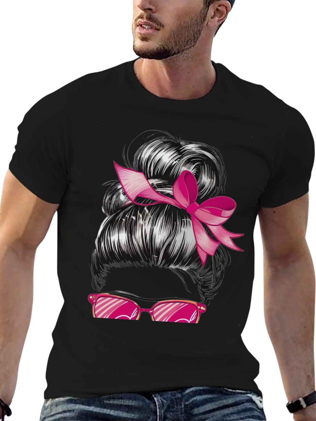 Messy Bun Pink Ribbon Sunglasses Graphic Tee