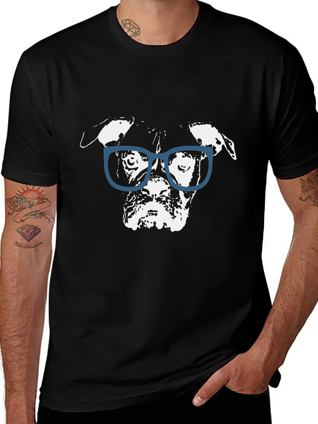 Dog with Glasses Graphic Black T-Shirt
