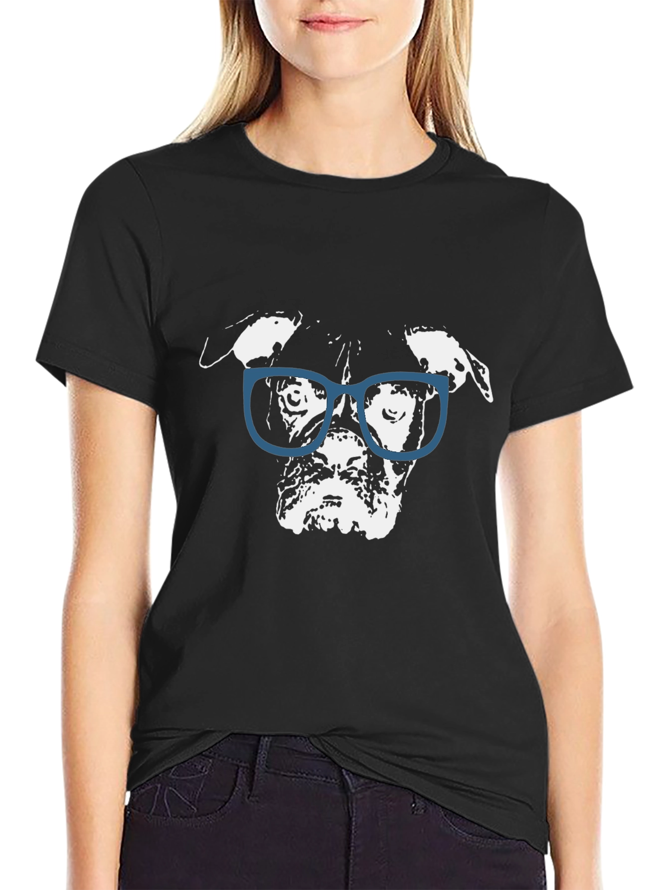Dog with Glasses Graphic Black T-Shirt