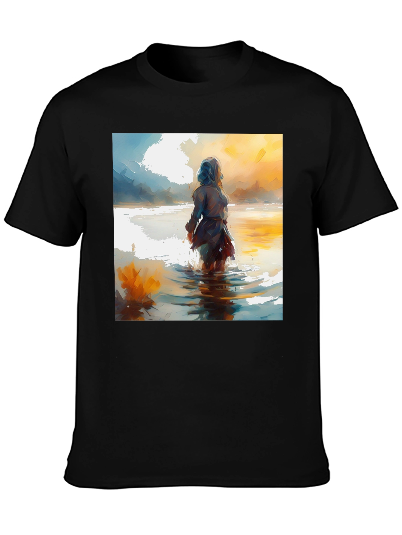 Artistic Watercolor Woman in Water Black T-Shirt