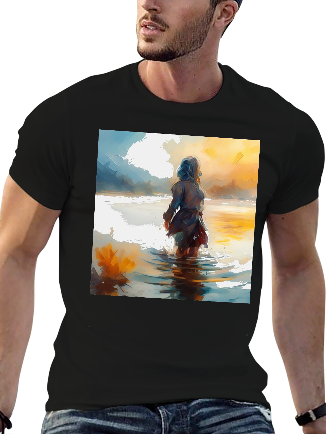 Artistic Watercolor Woman in Water Black T-Shirt