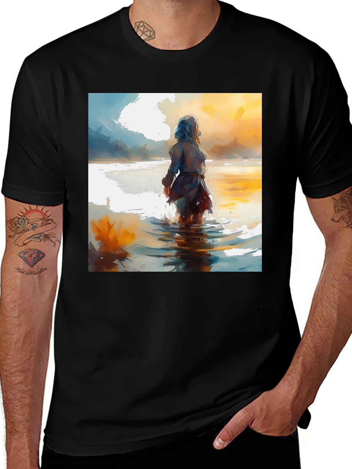 Artistic Watercolor Woman in Water Black T-Shirt