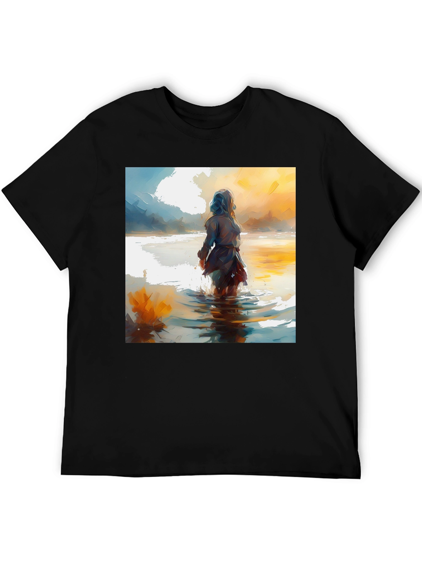 Artistic Watercolor Woman in Water Black T-Shirt