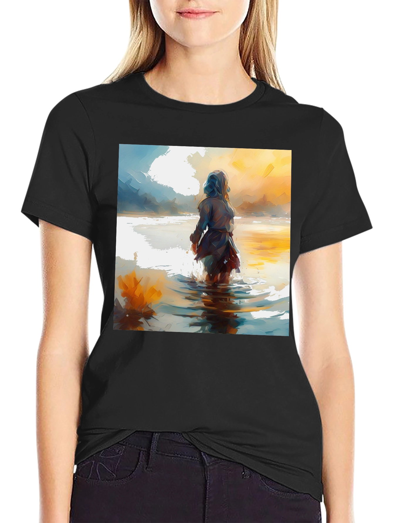 Artistic Watercolor Woman in Water Black T-Shirt