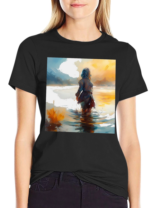 Artistic Watercolor Woman in Water Black T-Shirt