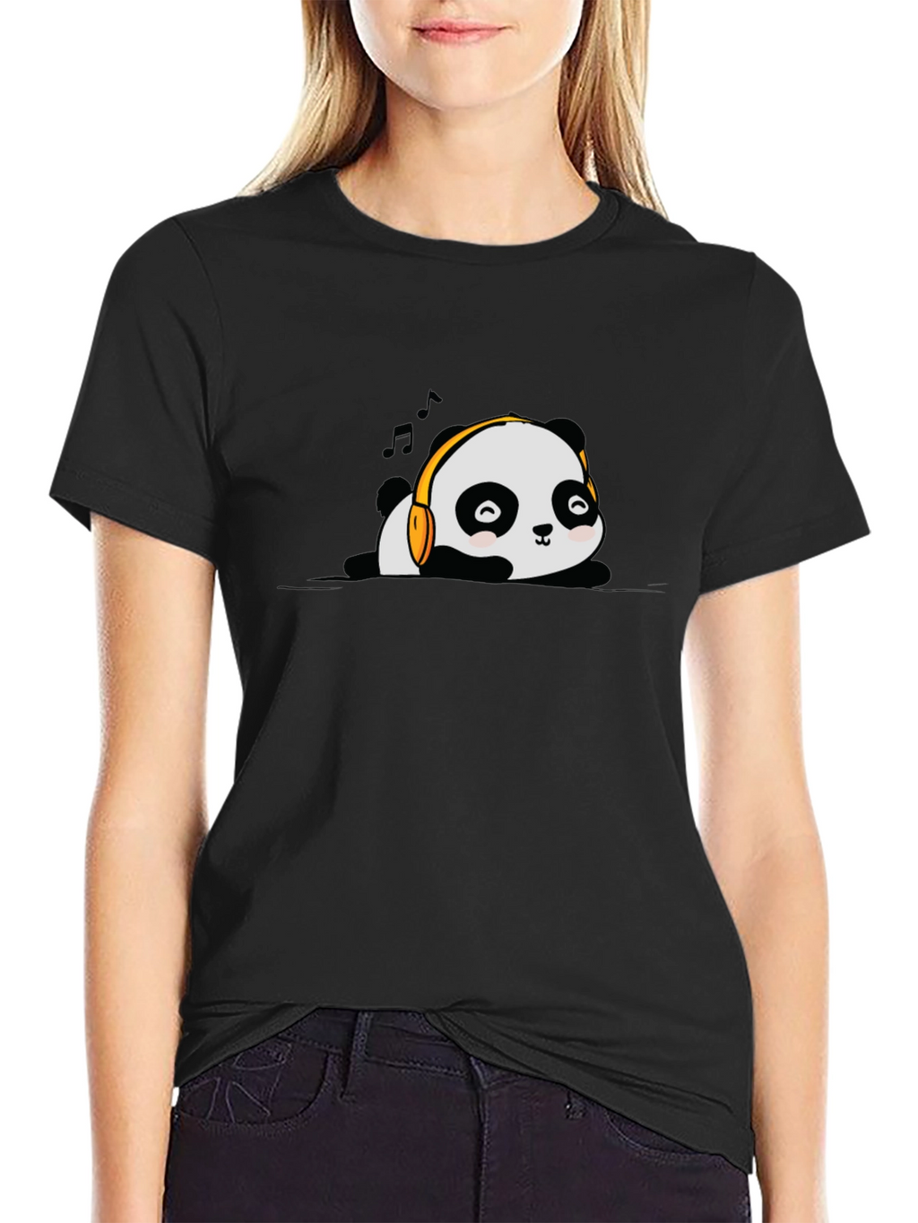 Cute Panda Music Lover Black T-Shirt