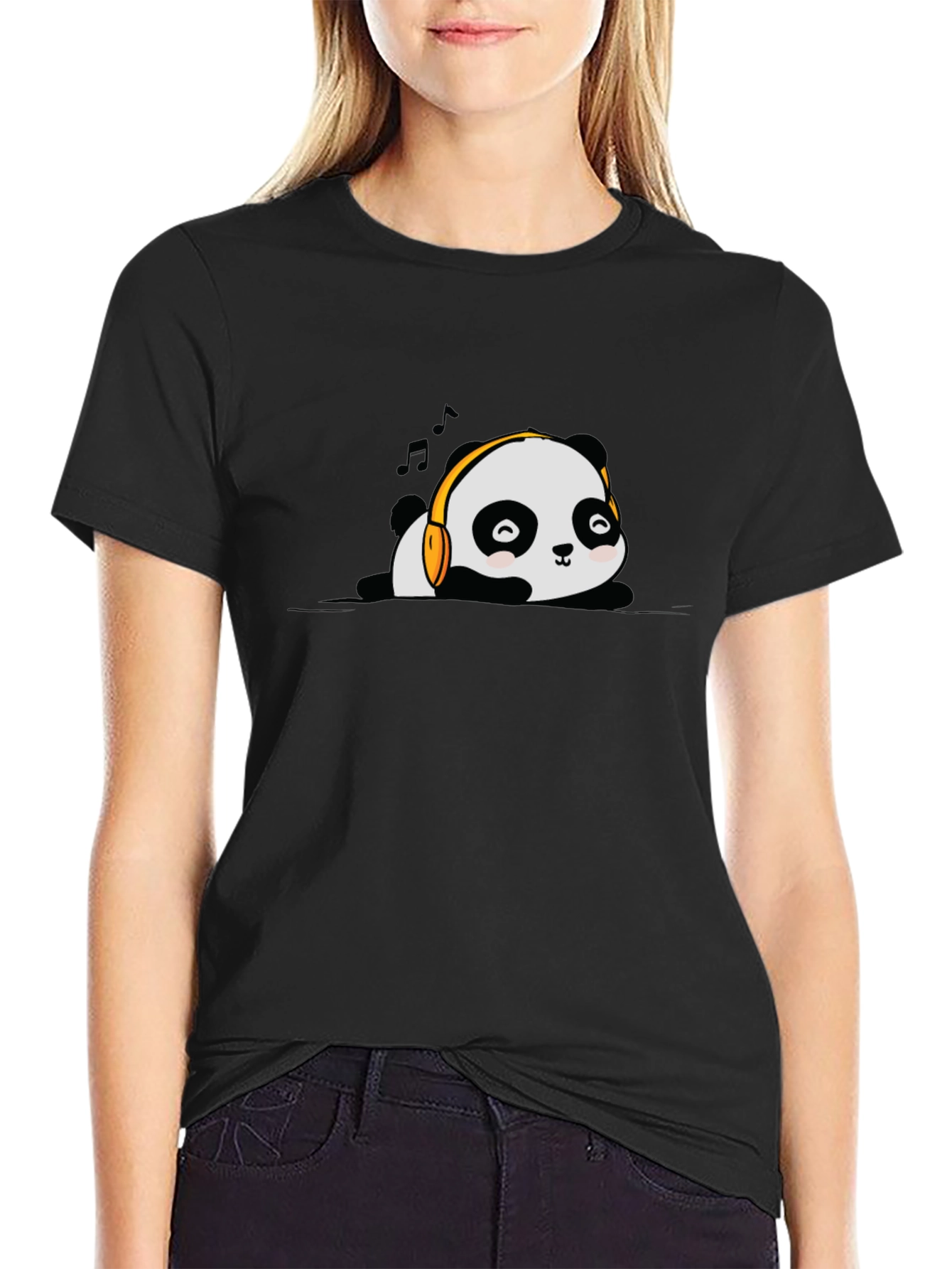 Cute Panda Music Lover Black T-Shirt