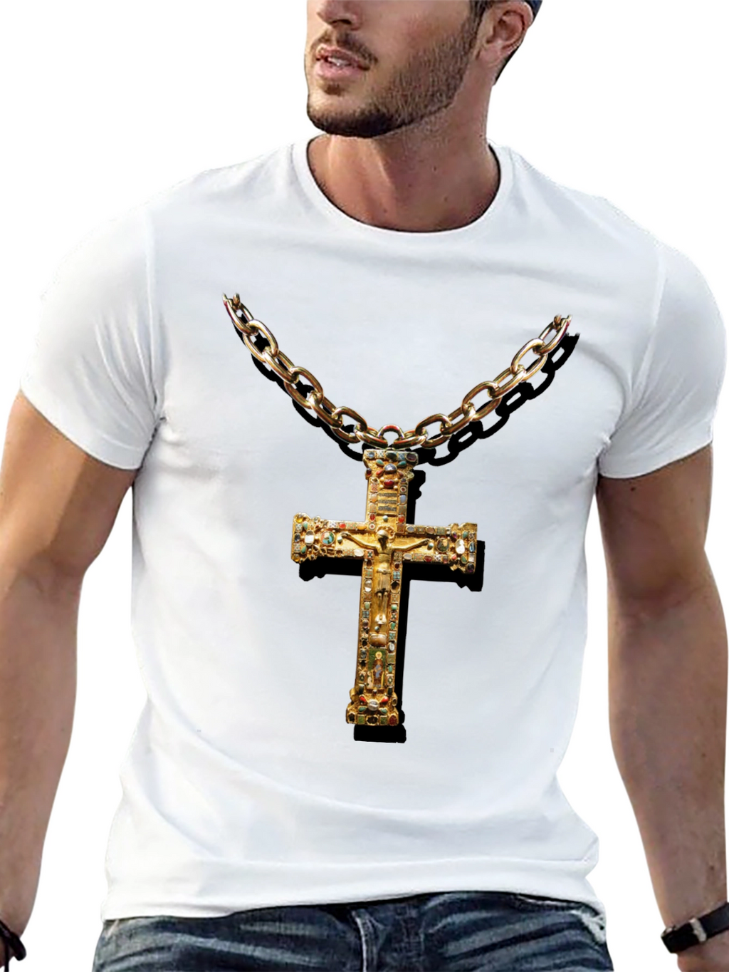 Embellished Cross Chain T-Shirt - Black