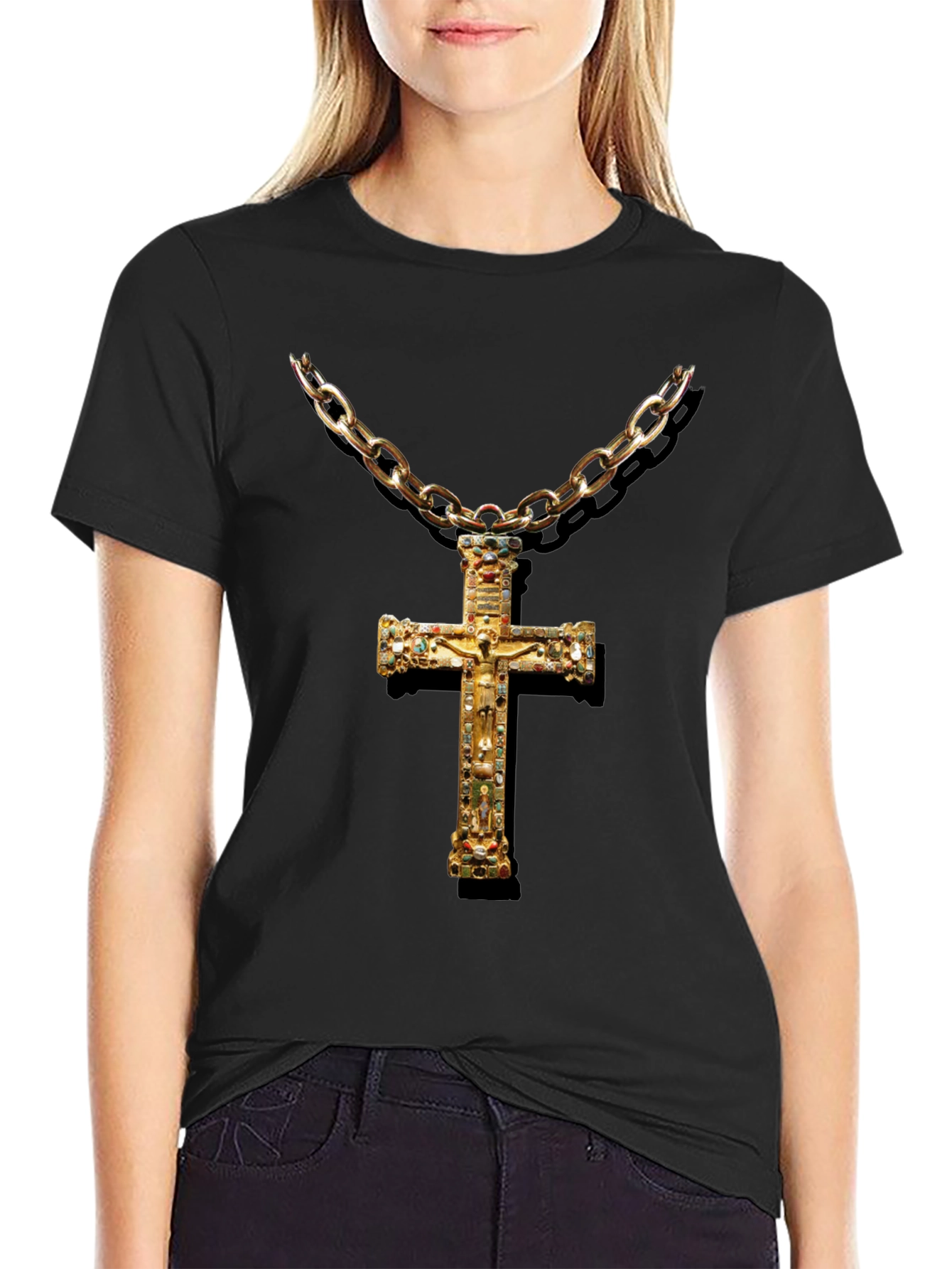 Embellished Cross Chain T-Shirt - Black
