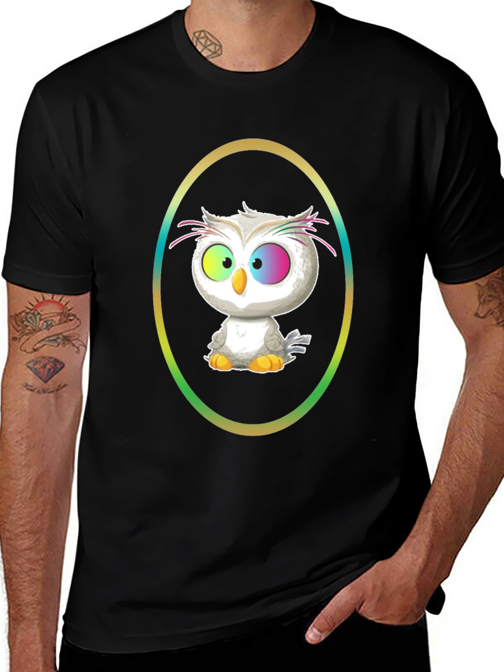 Cartoon Owl Graphic Tee - Black Cotton Shirt
