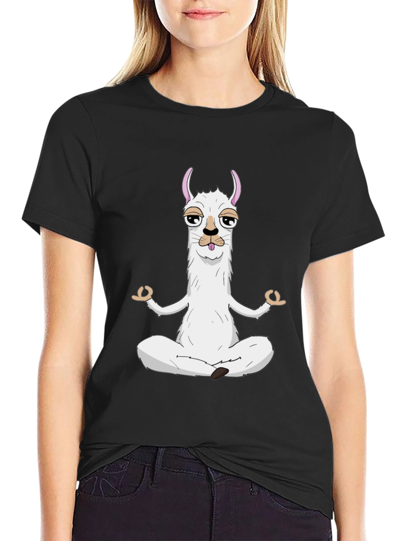 Zen Llama Mens Black Graphic T-Shirt - Meditating Llama Design