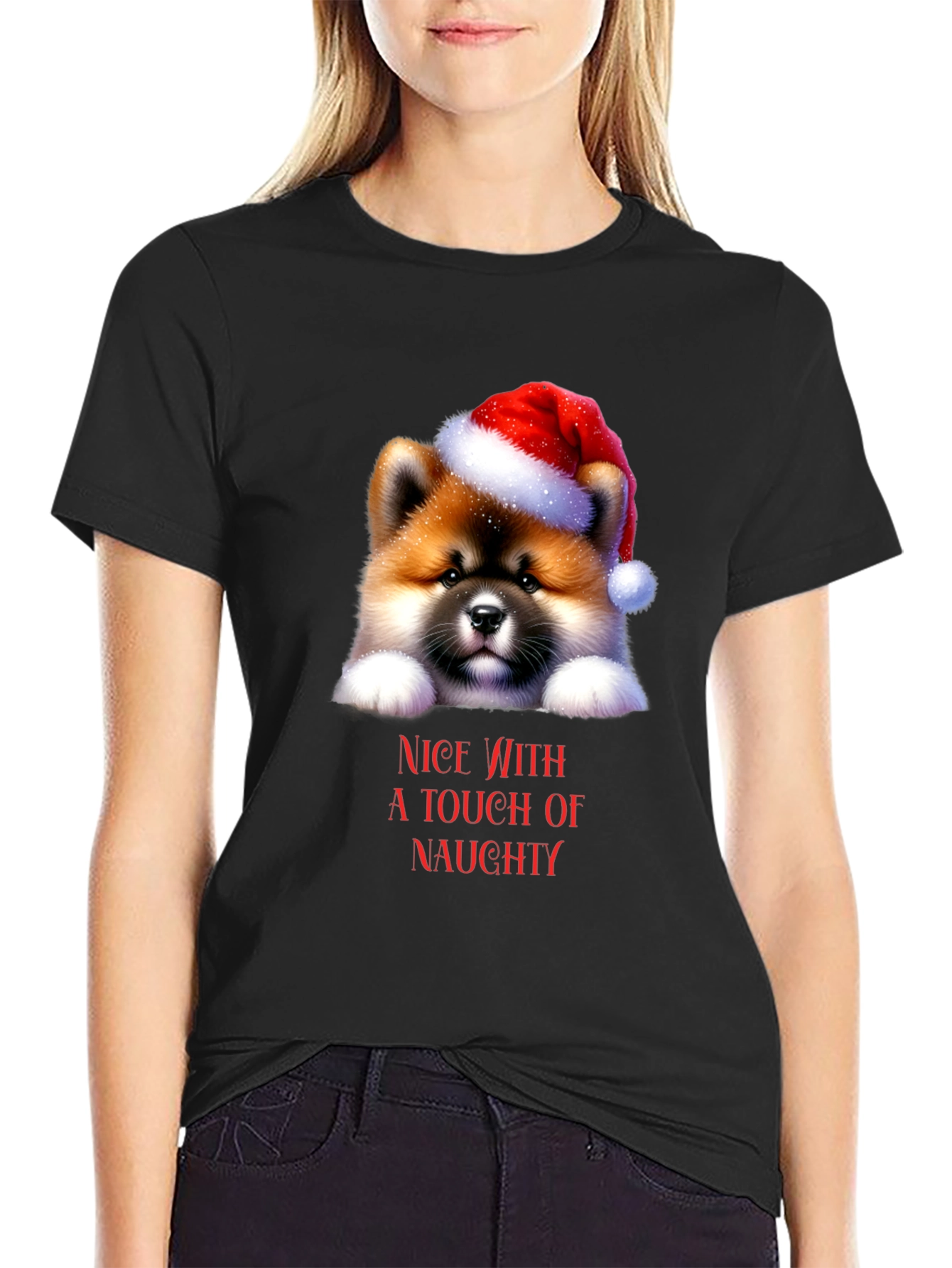Cute Dog in Santa Hat T-Shirt - Nice with Naughty