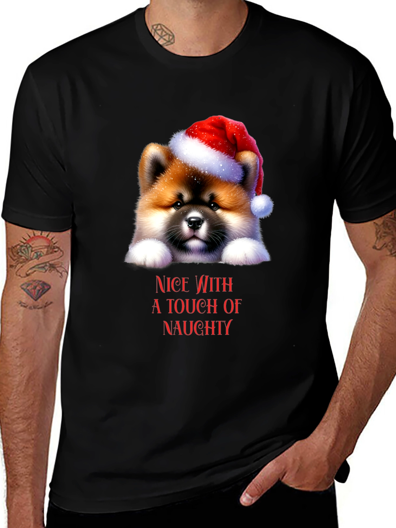 Cute Dog in Santa Hat T-Shirt - Nice with Naughty