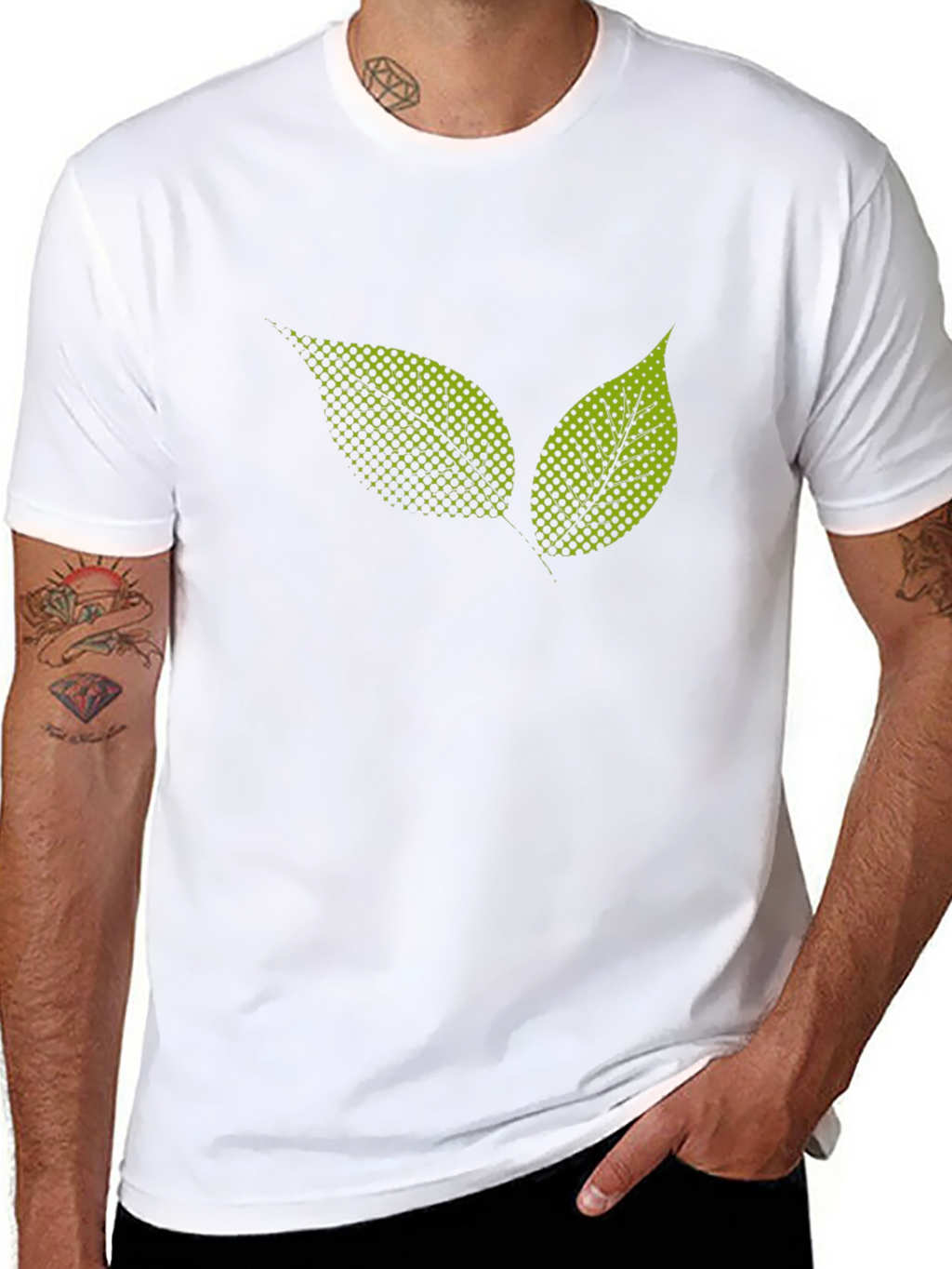 Black T-Shirt with Green Leaf Graphic Print