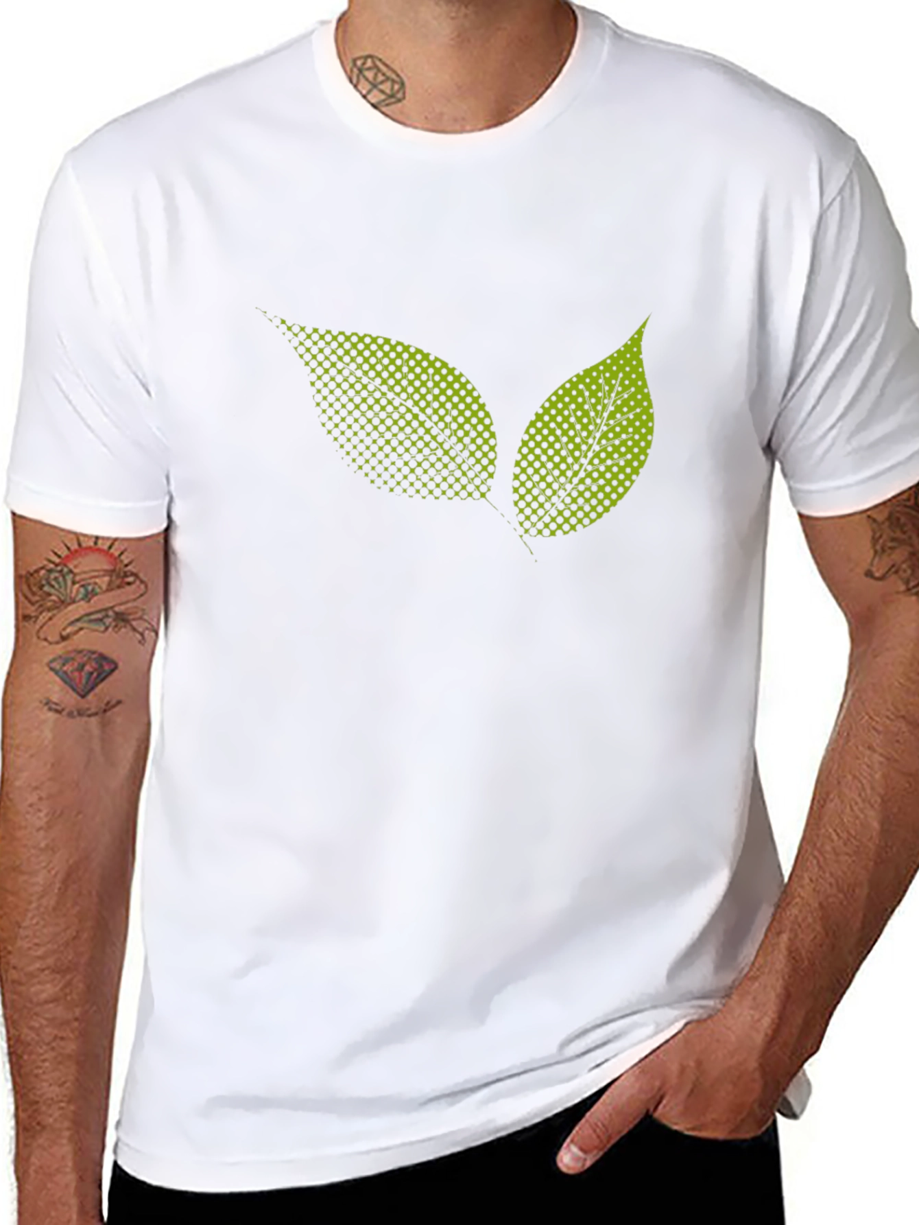 Black T-Shirt with Green Leaf Graphic Print