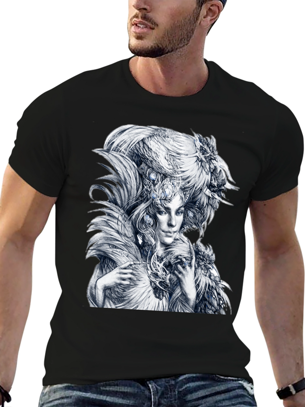 Feathered Woman Graphic Tee - Stylish Black T-Shirt