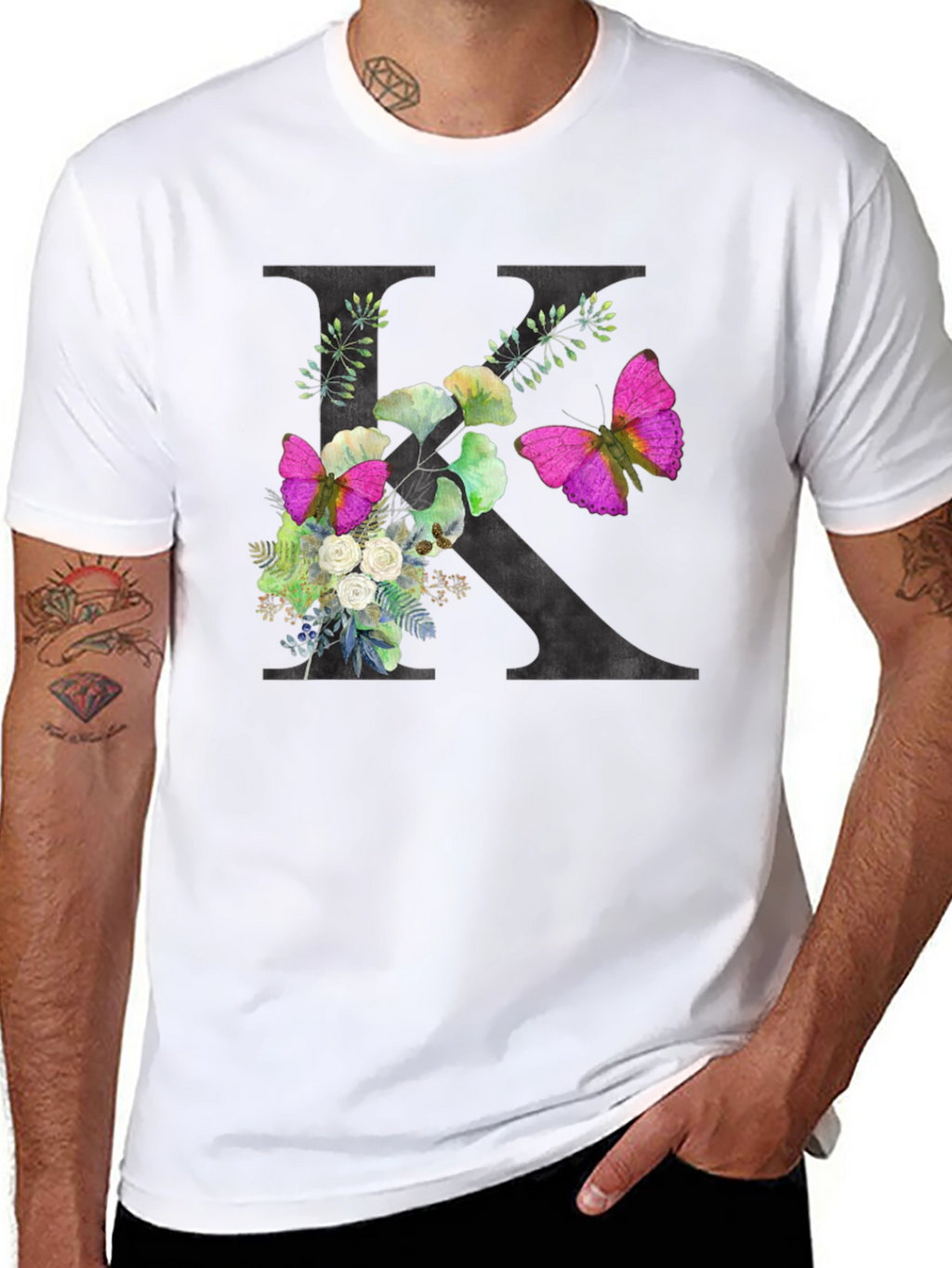 Floral K Initial Black T-Shirt
