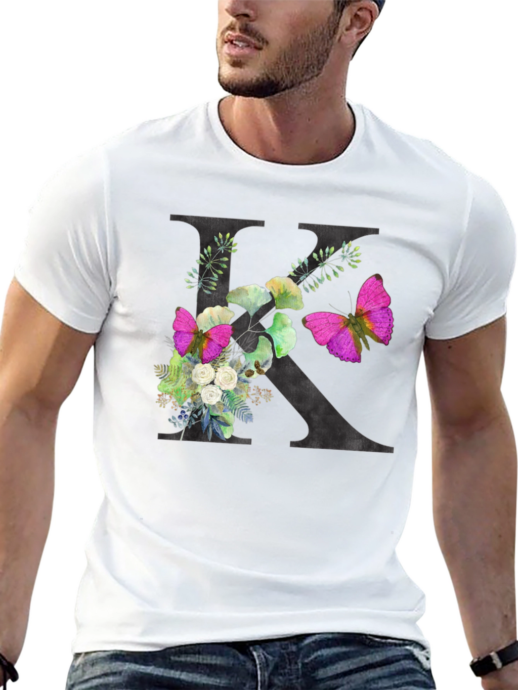 Floral K Initial Black T-Shirt
