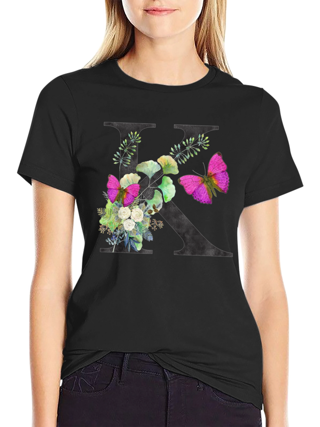 Floral K Initial Black T-Shirt