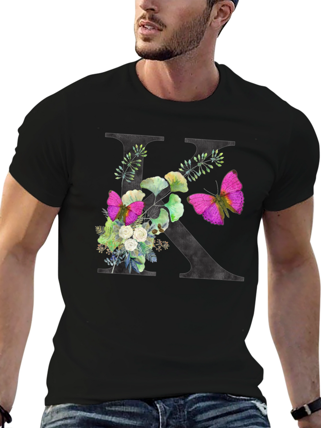 Floral K Initial Black T-Shirt