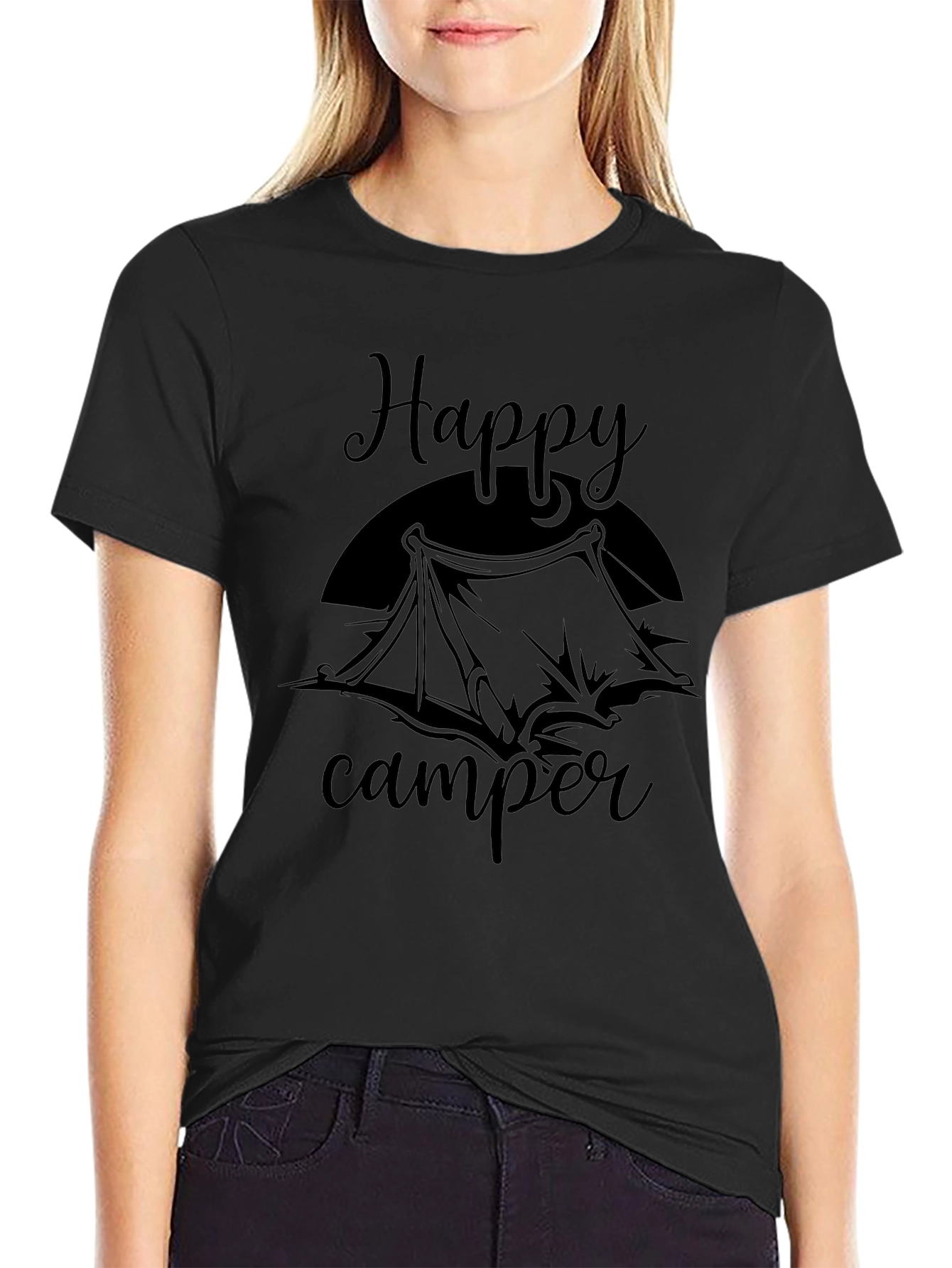 Happy Camper Graphic Tee - Black Cotton T-Shirt