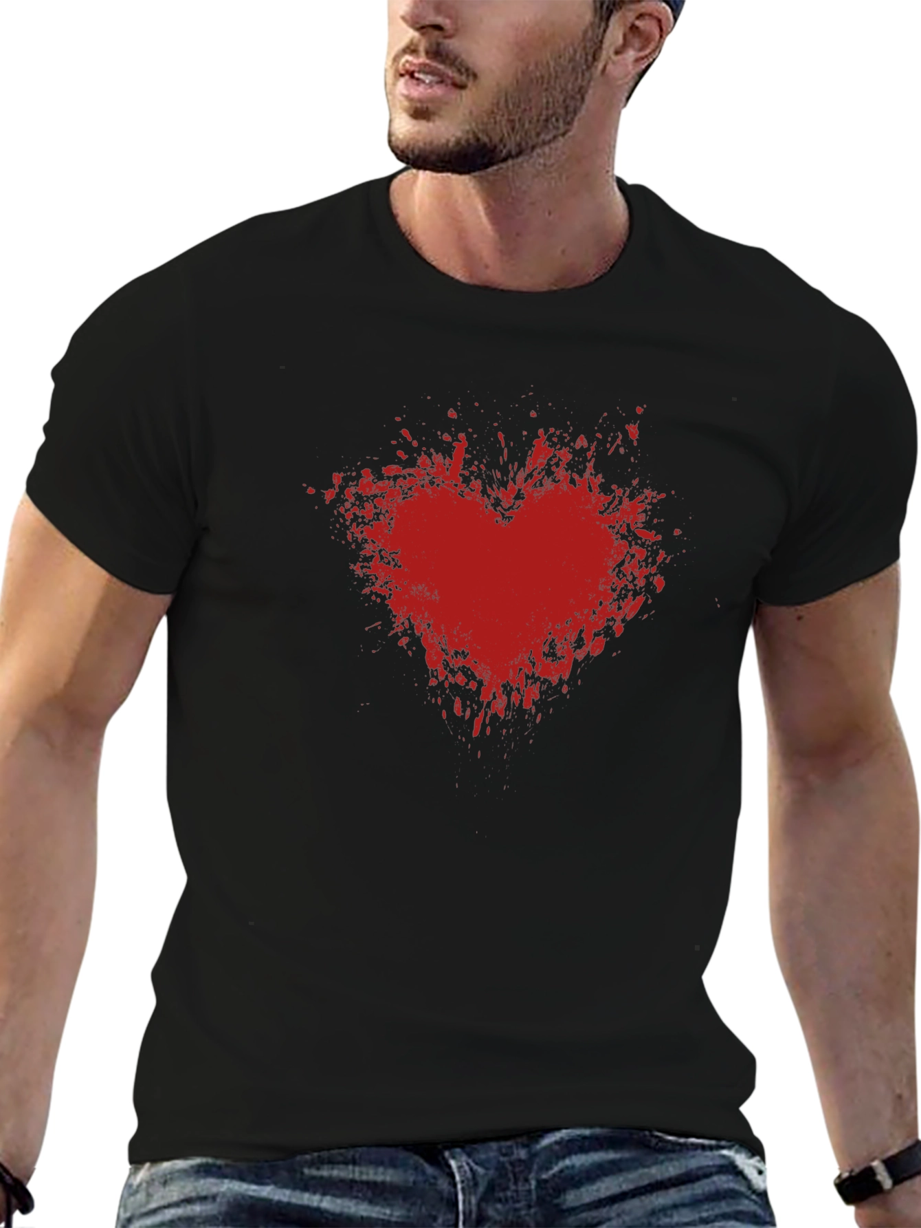 Red Heart Splash Graphic Tee - Black Cotton T-Shirt