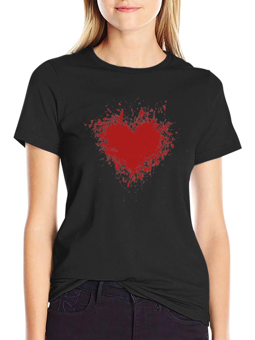 Red Heart Splash Graphic Tee - Black Cotton T-Shirt