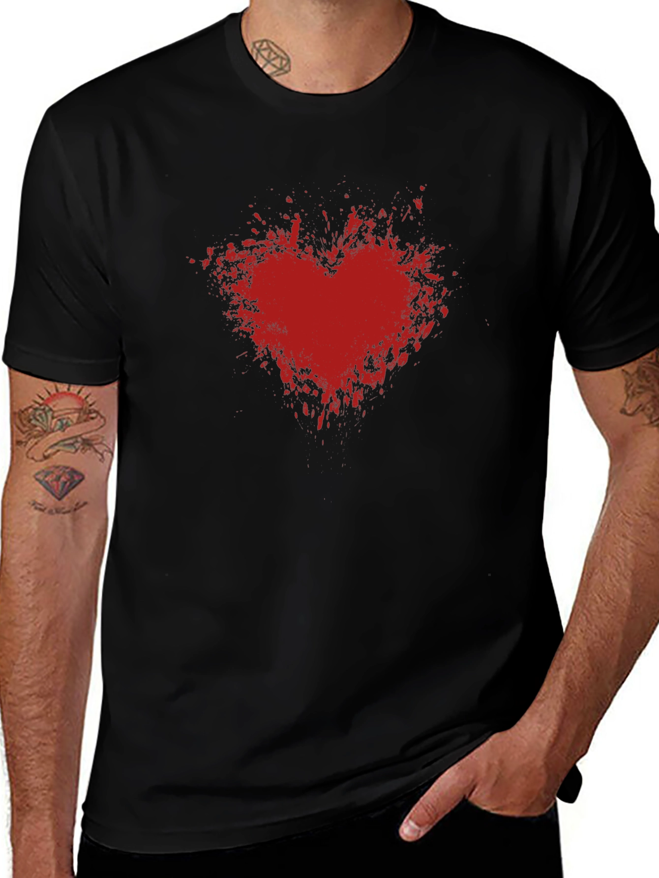 Red Heart Splash Graphic Tee - Black Cotton T-Shirt