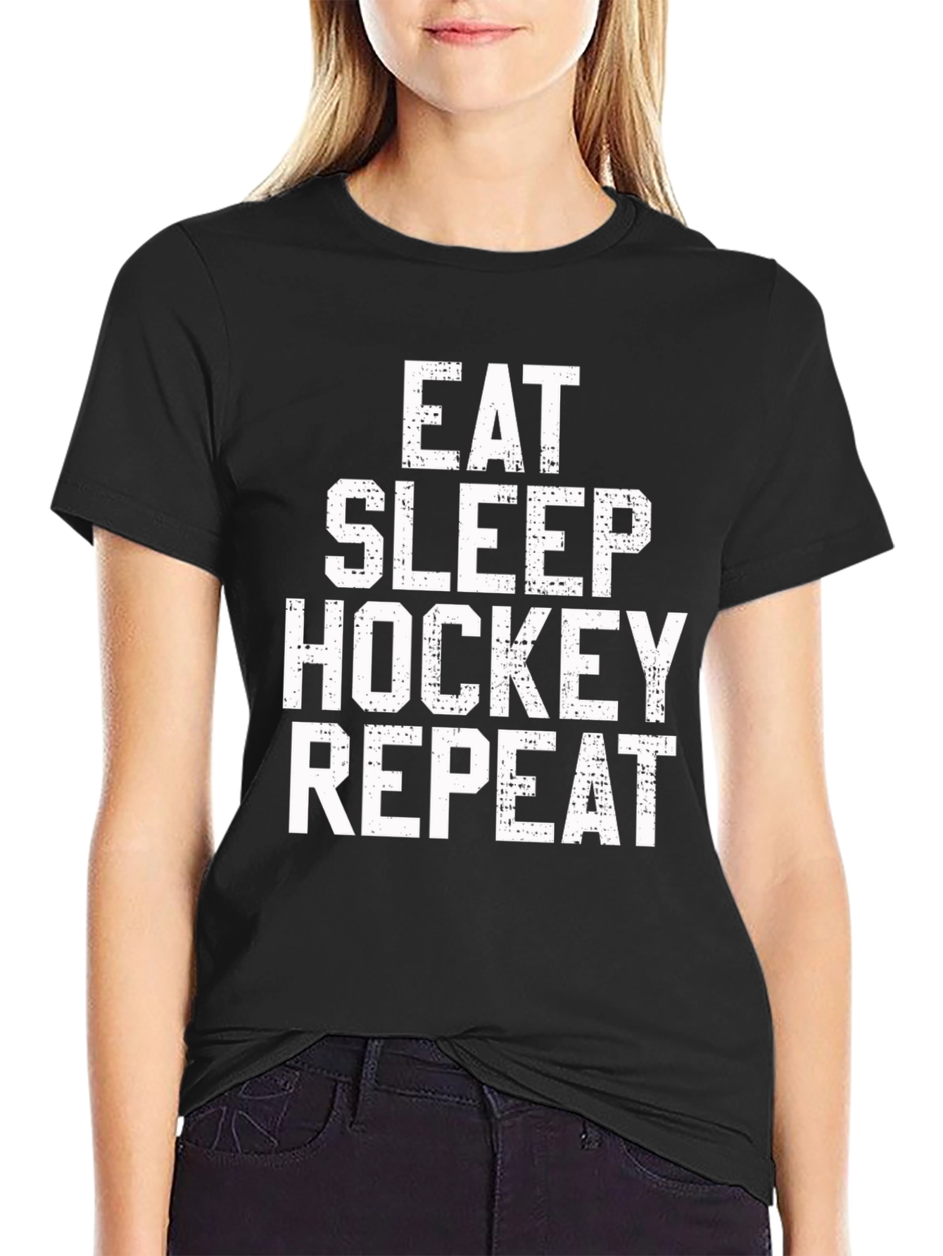 Eat Sleep Hockey Repeat Graphic Tee - Black Cotton T-Shirt