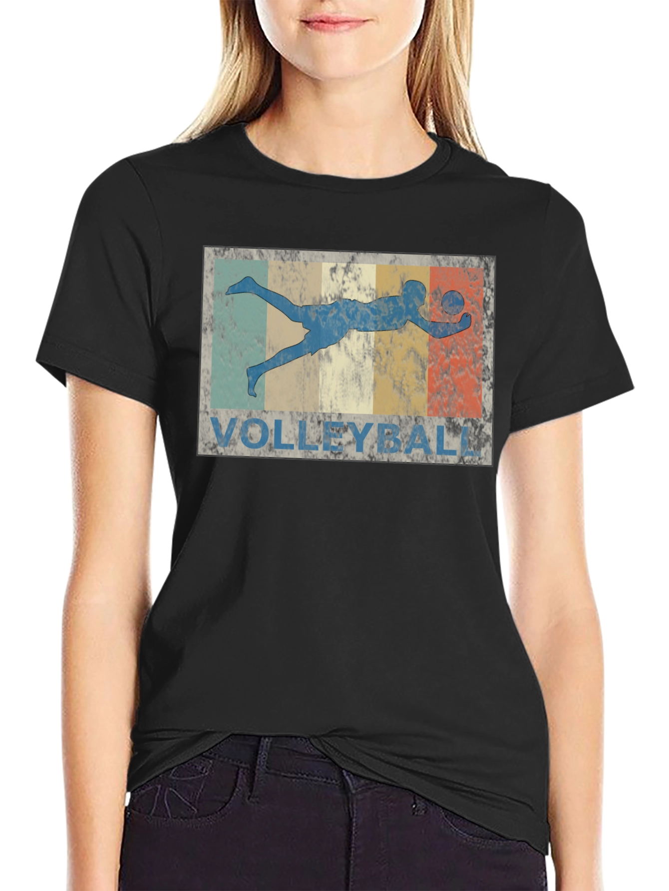 Vintage Volleyball Player Graphic T-Shirt - Black