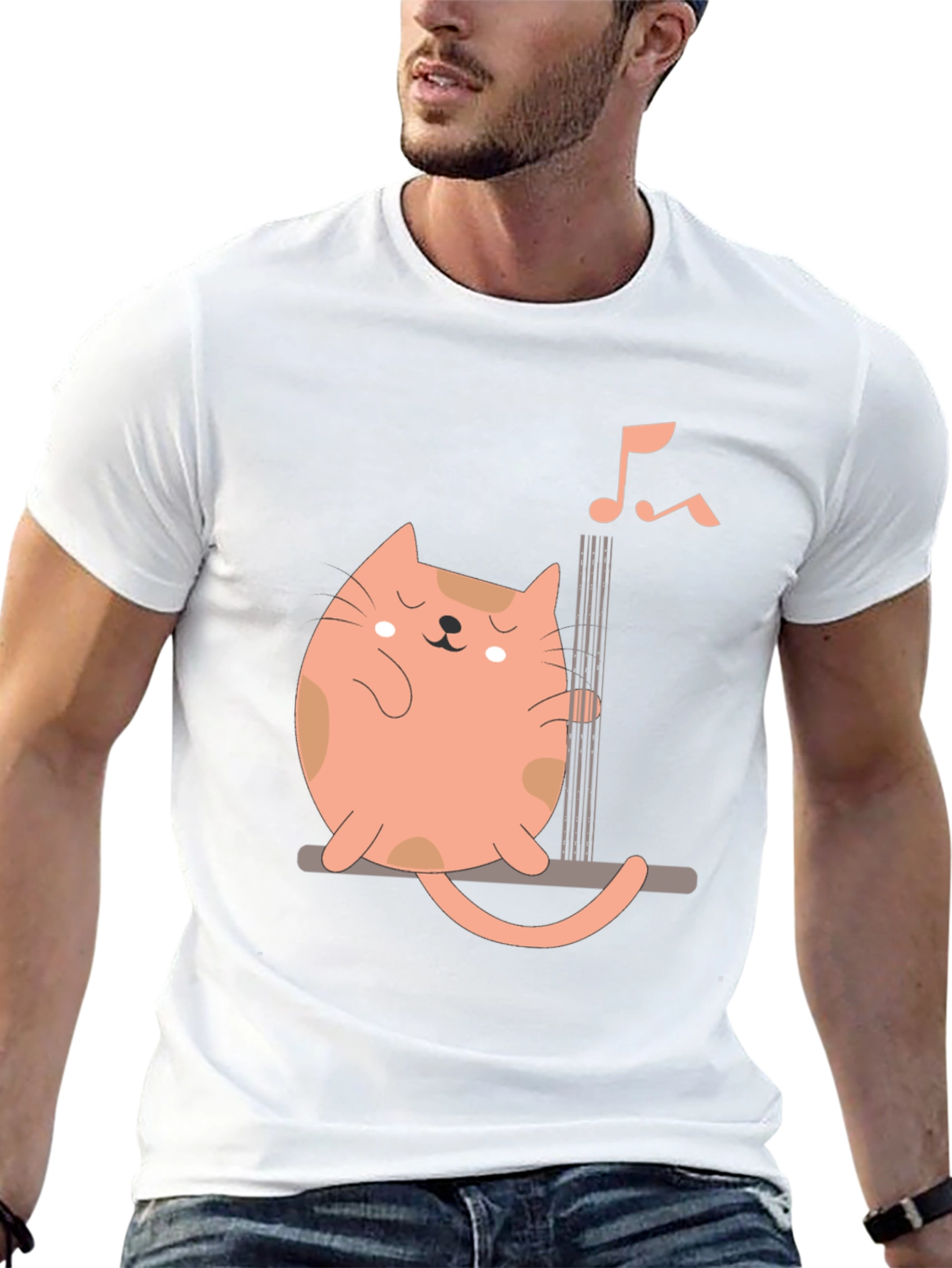 Cat Playing Guitar Graphic Tee - Black Cotton Comfort