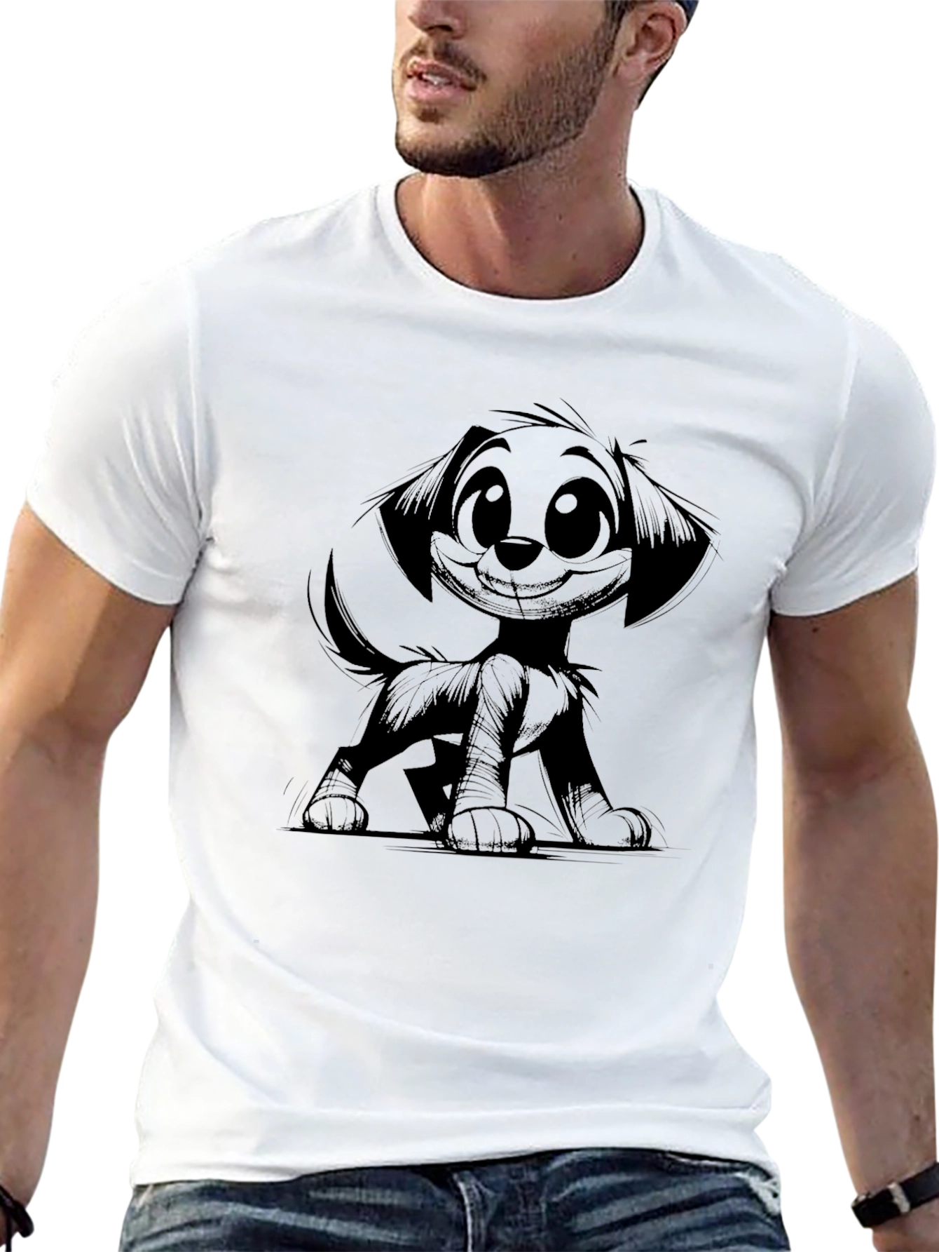 Cartoon Dog Graphic Tee - Black