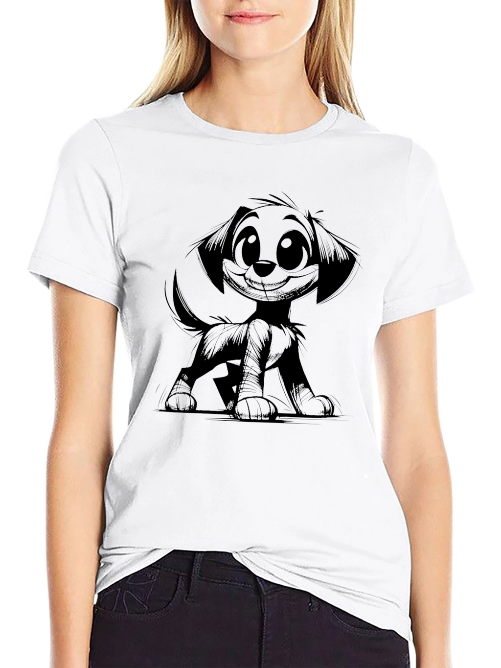 Cartoon Dog Graphic Tee - Black