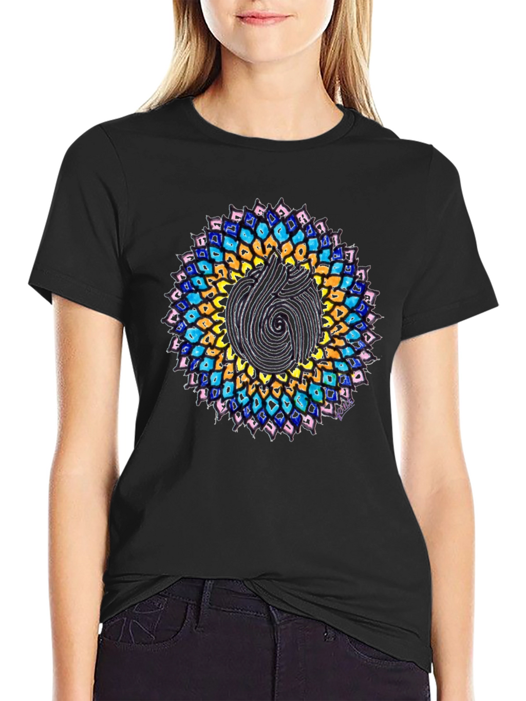 Mandala Print Black Crew Neck T-Shirt