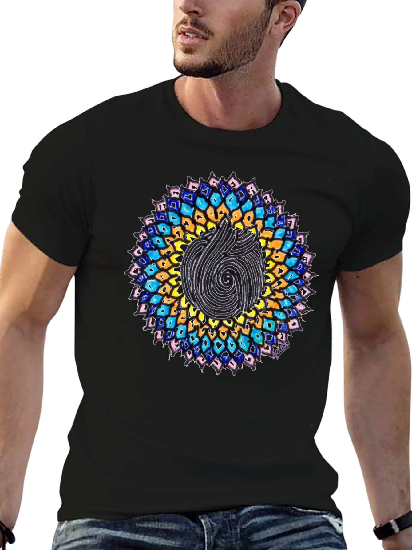 Mandala Print Black Crew Neck T-Shirt