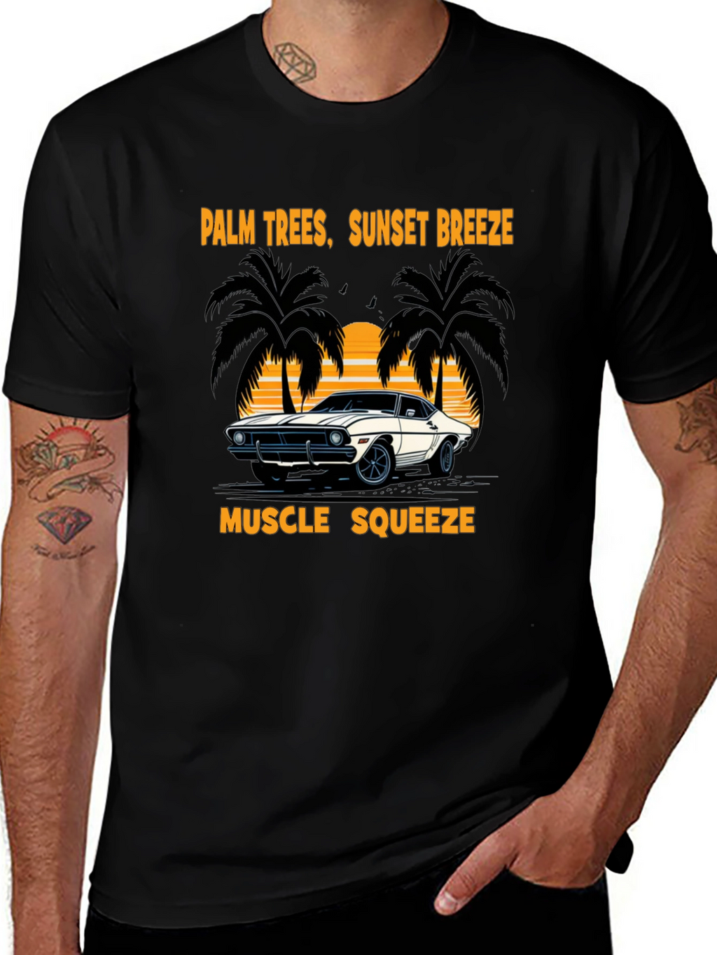 Palm Trees Sunset Breeze Muscle Car T-Shirt