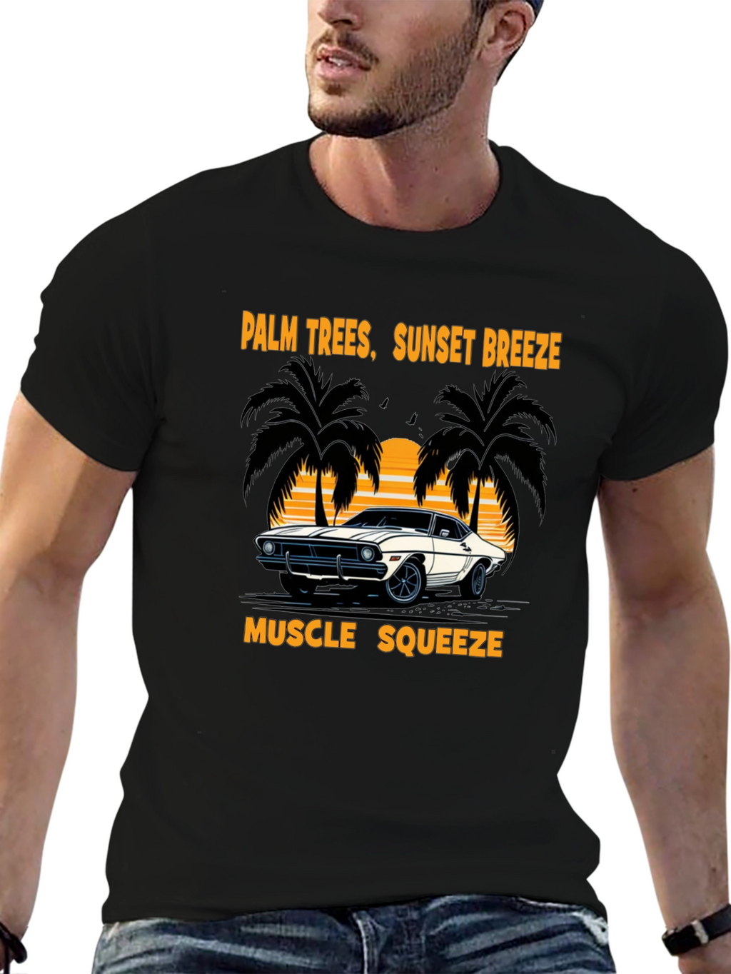 Palm Trees Sunset Breeze Muscle Car T-Shirt