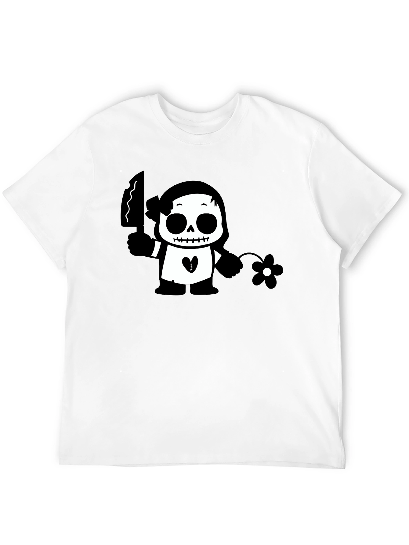 Black Graphic T-Shirt with Skull & Flower Design